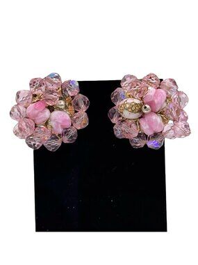 Vendome Pink Crystal Beaded Cluster Clip-On Earrings Gold-Tone Vintage Signed 1"